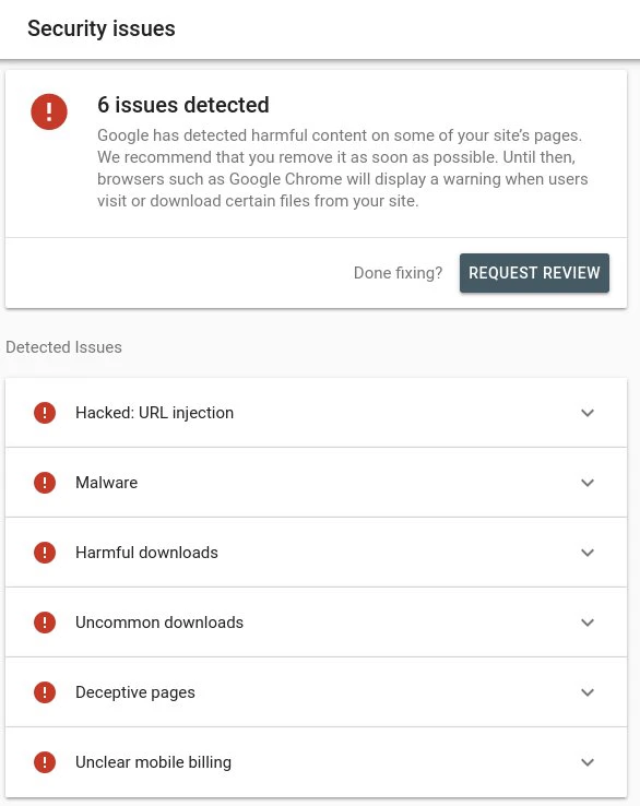 Google Search Console security issues alerts